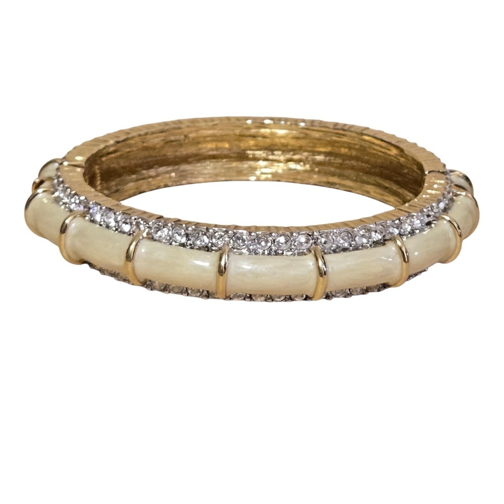 Vtg Landau Cream Enamel Crystal Gold Tone Hinged Bangle Bracelet Neutral